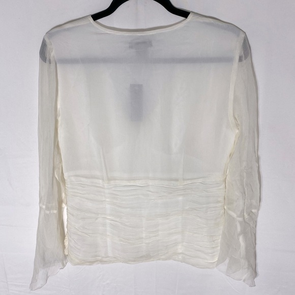 W.D.N.Y Cream Silk Deep V Neck Ruched Bodice Long Sleeve Blouse 8 NWT - Picture 2 of 16